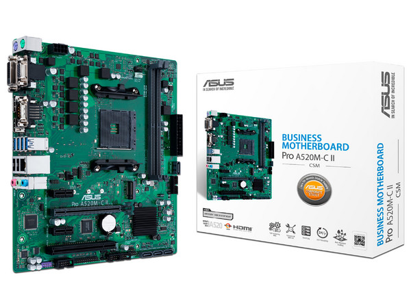 T. Madre Asus Pro A520M-C II / CSM, Chipset AMD A520, 
 Soporta: AMD Ryzen 3ra, 4ta y 5ta Generación, Socket AM4,
Memoria: DDR4 4600/3866/2133 MHz, 64GB Max,
 Integrado: Audio HD, Red, USB 3.1,
SATA 3.0, M.2, 
Micro-ATX, Ptos: 1xPCI, 1xPCIEx16