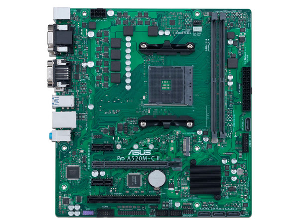 T. Madre Asus Pro A520M-C II / CSM, Chipset AMD A520, 
 Soporta: AMD Ryzen 3ra, 4ta y 5ta Generación, Socket AM4,
Memoria: DDR4 4600/3866/2133 MHz, 64GB Max,
 Integrado: Audio HD, Red, USB 3.1,
SATA 3.0, M.2, 
Micro-ATX, Ptos: 1xPCI, 1xPCIEx16