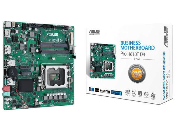 T. Madre Asus PRO H610T, 
Chipset Intel H610, 
Segmento: Básico, 
Soporta: Intel 12va Generación de Socket 1700, 
Memoria: DDR4 3200 / 2933 / 2133 MHz, 64GB Max, 
Integrado: AudioHD, Red, USB 3.2 y SATA 3.0, 
M.2, Mini-ITX.