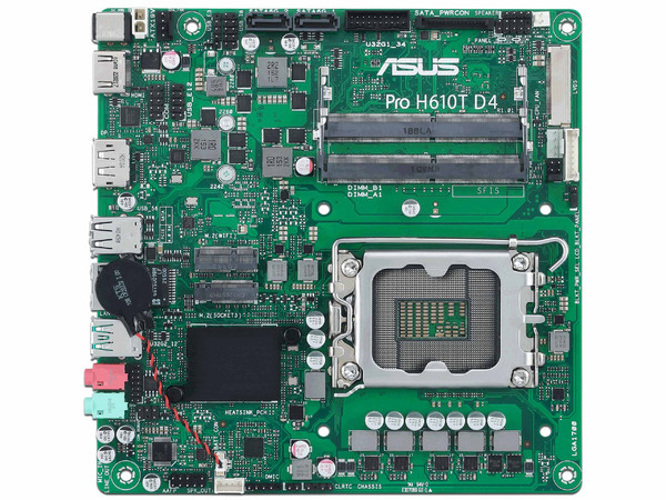 T. Madre Asus PRO H610T, 
Chipset Intel H610, 
Segmento: Básico, 
Soporta: Intel 12va Generación de Socket 1700, 
Memoria: DDR4 3200 / 2933 / 2133 MHz, 64GB Max, 
Integrado: AudioHD, Red, USB 3.2 y SATA 3.0, 
M.2, Mini-ITX.