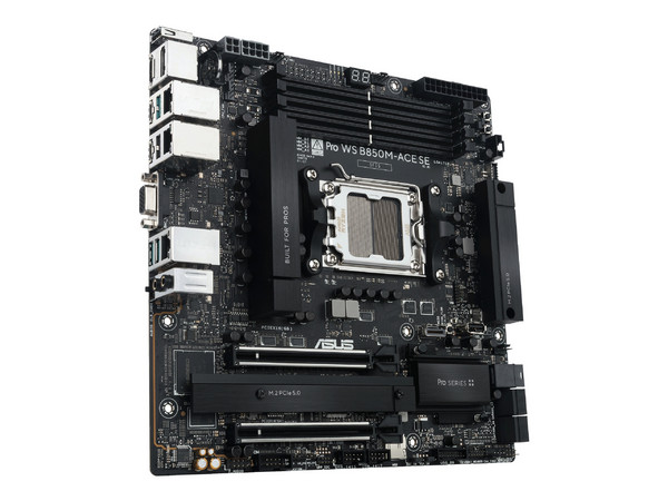 T. Madre ASUS Pro WS B850M-ACE SE: 
Chipset AMD B850, 
Segmento: Alto,
Soporta: Procesadores AMD Serie 9000, 8000 y 7000, Socket AM5,
Memoria: DDR5 8000/5600/4800MHz, 256GB Max,
Integrado: USB C, M.2, 
Micro ATX, Ptos: 1xPCIE5.0x16, 1xPCIE4.0x16.