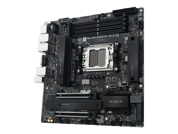 T. Madre ASUS Pro WS B850M-ACE SE: 
Chipset AMD B850, 
Segmento: Alto,
Soporta: Procesadores AMD Serie 9000, 8000 y 7000, Socket AM5,
Memoria: DDR5 8000/5600/4800MHz, 256GB Max,
Integrado: USB C, M.2, 
Micro ATX, Ptos: 1xPCIE5.0x16, 1xPCIE4.0x16.