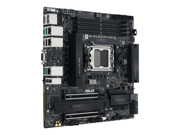 T. Madre ASUS Pro WS B850M-ACE SE: 
Chipset AMD B850, 
Segmento: Alto,
Soporta: Procesadores AMD Serie 9000, 8000 y 7000, Socket AM5,
Memoria: DDR5 8000/5600/4800MHz, 256GB Max,
Integrado: USB C, M.2, 
Micro ATX, Ptos: 1xPCIE5.0x16, 1xPCIE4.0x16.