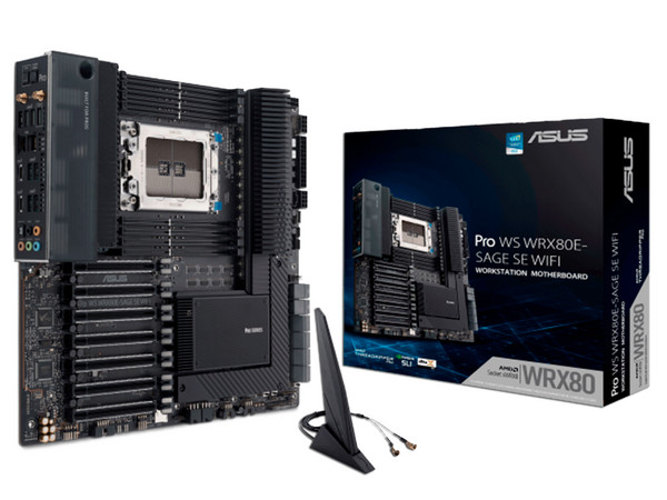 T. Madre Asus Pro WS WRX80E-SAGE SE WIFI II:
Chipset AMD WRX80, Soporta: AMD Ryzen Threadripper, 
Socket sWRX8, 
Memoria: DDR4 7200/6400/4800MHz, 2048GB Max, 
Integrado: AudioHD, Red, 
USB 3.2, SATA 3.0, M.2, 
E-ATX, Ptos: 4xPCIE4.0x16.