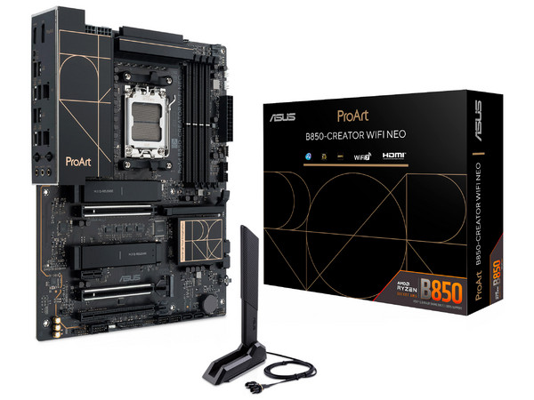T. Madre ASUS ProArt B850-CREATOR WIFI NEO:
Chipset AMD B850,
Segmento: Alto,
Soporta: AMD Ryzen 7000 / 8000 / 9000, Socket AM5,
RAM: DDR5 8200/ 6800/ 4800MHz, Max 256GB,
AudioHD, Wi-Fi 7, USB 3.2, SATA, M.2,
ATX, 2xPCIE5.0x16, 1xPCIE4.0x16.