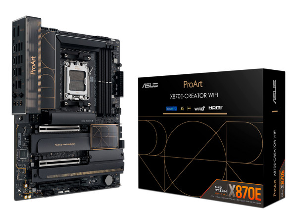 T. Madre ASUS ProArt X870E-Creator WiFi:
Chipset AMD X870E, 
Segmento: Alto/Gamer,
Soporta AMD 8000 y 9000 Series, Socket AM5, 
RAM: DDR5 8000MHz/7200HMz/6400MHz, Máx 192GB, 
Audio HD, Red, USB y SATA 3.0, M.2, ATX, 
Ptos: 1xPCIe5.0x16, 2xPCIe4.0x16