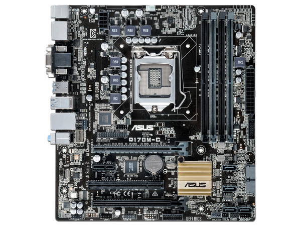 T. Madre Asus Q170M-C/CSM, Chipset Intel Q170,
Soporta: Intel Core i7/Core i5/Core i3/Pentium de Socket 1151, 
Memoria: DDR4 2133 MHz, 64GB Max, 
Integrado: Audio HD, Red, USB 3.1 y SATA 3.0,
Micro ATX, 
Ptos: 1xPCIEx16, 1xPCIEx1