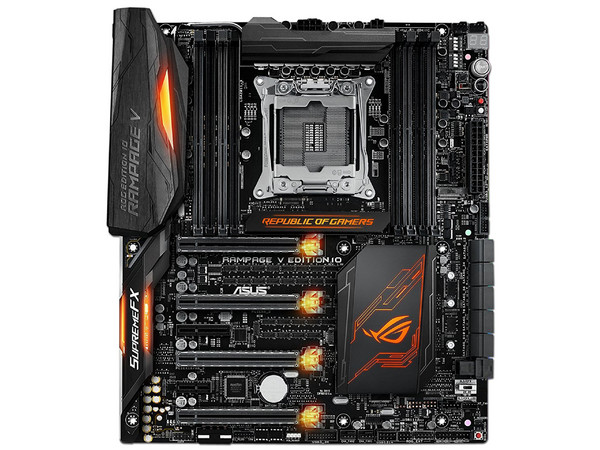 T. Madre Asus ROG RAMPAGE V EDITION 10, ChipSet Intel X99, 
Soporta: Intel Core i7 / Xeon E5 de Socket 2011-v3,
Memoria: DDR4 3333(O.C.)/ 2800(O.C.)/ 2133(O.C.) MHz, 128GB Max,
Integrado: Audio HD, Red, 
ATX, Ptos: 4xPCIE3.0x16, 1x2.0PCIEx4.