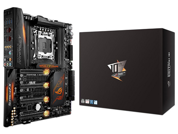 T. Madre Asus ROG RAMPAGE V EDITION 10, ChipSet Intel X99, 
Soporta: Intel Core i7 / Xeon E5 de Socket 2011-v3,
Memoria: DDR4 3333(O.C.)/ 2800(O.C.)/ 2133(O.C.) MHz, 128GB Max,
Integrado: Audio HD, Red, 
ATX, Ptos: 4xPCIE3.0x16, 1x2.0PCIEx4.