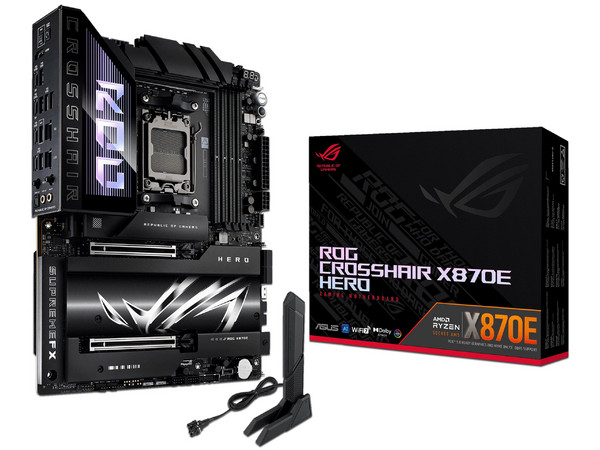 T. Madre ASUS ROG CROSSHAIR X870E HERO:
Chipset AMD X870E,
Segmento: Alto/Gamer,
Soporta: AMD Ryzen 7ma, 8va y 9na Gen, Socket AM5, 
Memoria: DDR5 8000/ 6600/ 4800MHz, Máx. 192GB, 
Integrado: AudioHD, Wi-Fi 7, USB 3.2, 
SATA, M.2, ATX, 2xPCIE5.0x16.