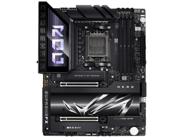 T. Madre ASUS ROG CROSSHAIR X870E HERO:
Chipset AMD X870E,
Segmento: Alto/Gamer,
Soporta: AMD Ryzen 7ma, 8va y 9na Gen, Socket AM5, 
Memoria: DDR5 8000/ 6600/ 4800MHz, Máx. 192GB, 
Integrado: AudioHD, Wi-Fi 7, USB 3.2, 
SATA, M.2, ATX, 2xPCIE5.0x16.