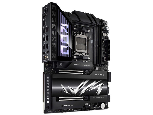 T. Madre ASUS ROG CROSSHAIR X870E HERO:
Chipset AMD X870E,
Segmento: Alto/Gamer,
Soporta: AMD Ryzen 7ma, 8va y 9na Gen, Socket AM5, 
Memoria: DDR5 8000/ 6600/ 4800MHz, Máx. 192GB, 
Integrado: AudioHD, Wi-Fi 7, USB 3.2, 
SATA, M.2, ATX, 2xPCIE5.0x16.