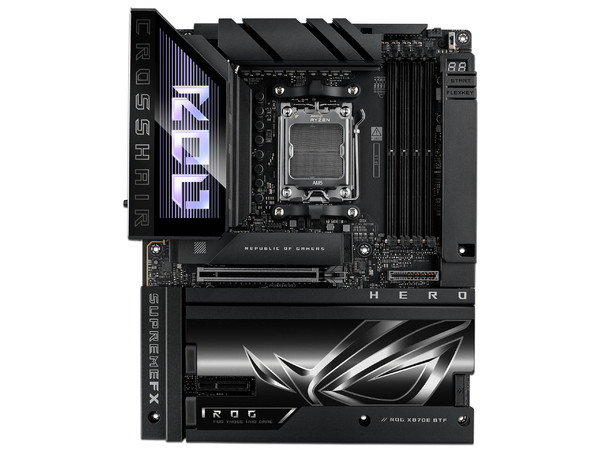 T. Madre Asus ROG CROSSHAIR X870E HERO BTF, 
Chipset X870E, 
Segmento: Alto/Gamer, 
Soporta: Procesadores AMD Ryzen 9000/8000/7000, Socket AM5, 
Memoria: DDR5 8200 MHz, Hasta 256GB, 
Integrado: Wi-Fi, Audio, HDMI, M.2, 
ATX, Ptos: 1xPCIEx16 5.0.