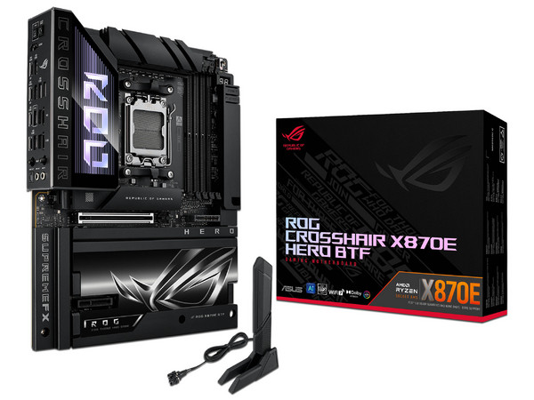 T. Madre Asus ROG CROSSHAIR X870E HERO BTF, 
Chipset X870E, 
Segmento: Alto/Gamer, 
Soporta: Procesadores AMD Ryzen 9000/8000/7000, Socket AM5, 
Memoria: DDR5 8200 MHz, Hasta 256GB, 
Integrado: Wi-Fi, Audio, HDMI, M.2, 
ATX, Ptos: 1xPCIEx16 5.0.
