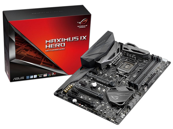 T. Madre ASUS ROG MAXIMUS IX HERO, Chipset Intel Z270,
Soporta: Core i7 / i5 / i3 de 7ma Gen., Socket 1151,
Memoria: DDR4 4133(O.C.)/3000(O.C.)/2133 MHz, 64GB Max,
Integrado: Audio HD, Red,
USB 3.1,  SATA 3.0, M.2,
ATX, Ptos: 3xPCIE 3.0 x16.