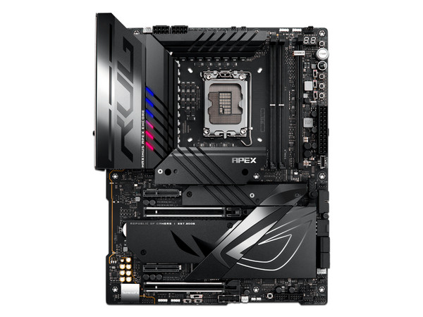 T. Madre Asus ROG Maximus Apex Encore Z790, Chipset Z790,
Soporta: Intel de 14va Generación, Socket 1700,
Memoria: DDR5 8400+(OC)/6400(OC)/4800 MHz, 96GB Max,
Integrado: Audio HD, Wi-Fi 7, USB 3.2, SATA 3.0, M.2,
ATX, Ptos: 2xPCIE5.0x16, 2xPCIE4.0x16