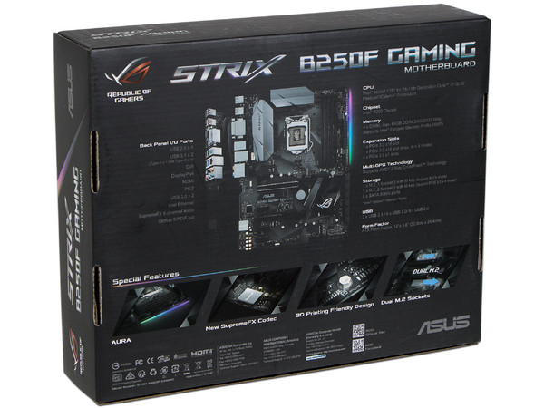 T. Madre ASUS ROG STRIX B250F GAMING, Chipset Intel B250,
Soporta: Core i7 / i5 / i3 / Pentium de 7ma Gen., Socket 1151,
Memoria: DDR4 2400/2133 MHz, 64GB Max,
Integrado: Audio HD, Red,
USB 3.1, SATA 3.0, M.2,
ATX, Ptos: 2xPCIE 3.0 x16.