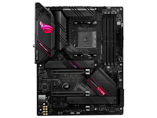 T. Madre ASUS ROG STRIX B550-E GAMING, ChipSet AMD B550,
Soporta: AMD Ryzen de 3era Gen, Socket AM4,
Memoria: DDR4 5100(OC)/4266(OC)/2133 MHz, 128GB Max,
Integrado: Audio HD, Red,
USB 3.2 y SATA 3.0,
ATX, Ptos: 2xPCIE4.0X16, 2xPCIE3.0X16, 2xPCIE3.0X