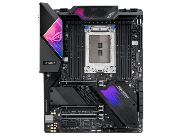 T. Madre ASUS ROG STRIX TRX40-E GAMING, Chipset AMD TRX40,
Soporta: AMD Ryzen Threadripper 3ra Gen, 
Memoria: DDR4 4666/3200/2133 MHz, 256GB Máx,
Integrado: Audio HD,
Red Intel Wi-Fi 6 AX200, USB 3.1, 
ATX, Ptos: 2x PCIE4.0x16.