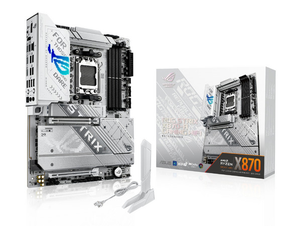 T. Madre ASUSROG STRIX X870-A GAMING W, 
Chipset AMD X870, 
Segmento: Alto/Gamer, 
Soporta AMD Ryzen Series 9000, Socket AM5, 
Memoria RAM: DDR5 8000 MHz, 192GB Máx, 
Audio HD, WiFi 7, USB, M.2, 
ATX, Ptos: 1xPCIEx16 5.0, 1xPCIEx16 4.0.