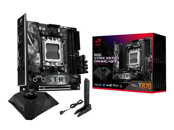 T. Madre ASUS ROG STRIX X870-I GAMING WIFI:
Chipset AMD X870,
Segmento: Alto/Gamer,
Soporta: AMD Ryzen 7ma, 8va y 9na Generación, Socket AM5,
Memoria: DDR5 8400/ 6800/ 4800MHz, Max 128GB,
AudioHD, Wi-Fi 7, USB 3.2, SATA, M.2,
Mini-ITX, 1xPCIE5.0x16.