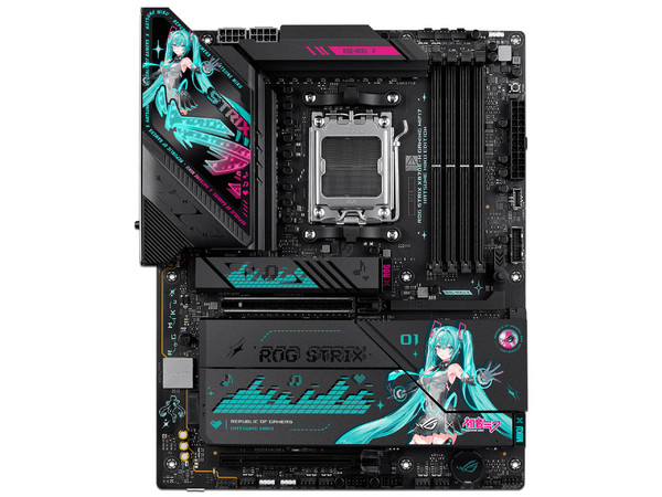 T. Madre Asus ROG STRIX X870E-H Gaming Hatsune Miku, 
Segmento: Alto/Gamer,
Chipset AMD X870,
Soporta: Procesadores AMD Serie 9000, 8000 y 7000, Socket AM5,
Memoria: DDR5 8000+MT/s, 256GB Max,
Integrado: Wi-Fi 7, USB-C, M.2, 
ATX, Ptos: 1xPCIE5.0x16