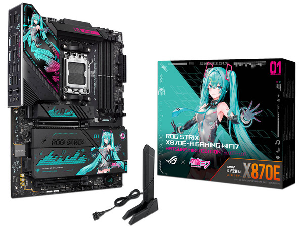T. Madre Asus ROG STRIX X870E-H Gaming Hatsune Miku, 
Segmento: Alto/Gamer,
Chipset AMD X870,
Soporta: Procesadores AMD Serie 9000, 8000 y 7000, Socket AM5,
Memoria: DDR5 8000+MT/s, 256GB Max,
Integrado: Wi-Fi 7, USB-C, M.2, 
ATX, Ptos: 1xPCIE5.0x16
