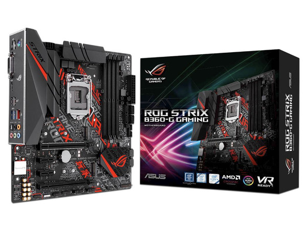 T. Madre ASUS ROG STRIX B360-G GAMING, Chipset Intel B360,
Soporta: Intel Core i7 / i5 / i3 de 8va Gen., Socket 1151,
Memoria: DDR4 2666/2400/2133 MHz, 64GB Max,
Integrado: Audio HD, Red,
USB 3.1 y SATA 3.0, M.2,
Micro-ATX, Ptos: 2xPCIEx16, 2xPCIEx1