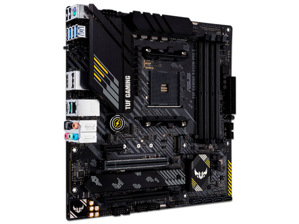 T. Madre Asus TUF Gaming B450M-PRO S, Chipset AMD B450, 
Soporta: Procesador AMD Ryzen de 3ra generación, 
Memoria: DDR4 4400(O.C.)/3200/2133 MHz, 128GB Max, 
Integrado: Audio HD, Red, USB 3.2, SATA 3.0, 
Micro-ATX, Ptos: 2xPCIEx16 1xPCIEx1.