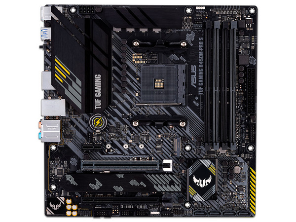 T. Madre Asus TUF Gaming B450M-PRO S, Chipset AMD B450, 
Soporta: Procesador AMD Ryzen de 3ra generación, 
Memoria: DDR4 4400(O.C.)/3200/2133 MHz, 128GB Max, 
Integrado: Audio HD, Red, USB 3.2, SATA 3.0, 
Micro-ATX, Ptos: 2xPCIEx16 1xPCIEx1.
