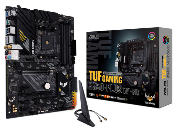 T. Madre Asus TUF GAMING B550-PLUS (Wi-Fi), 
Chipset AMD B550, Soporta: Procesador AMD Ryzen Series 5000,4000 G y 3000,
Memoria: DDR4 4600(OC)/3200/2133 MHz, 128GB Max, 
Integrado: Audio HD, Red, USB 3.2, SATA 3.0, M.2, ATX, Ptos: 2xPCIEx16, 3xPCIEx1.