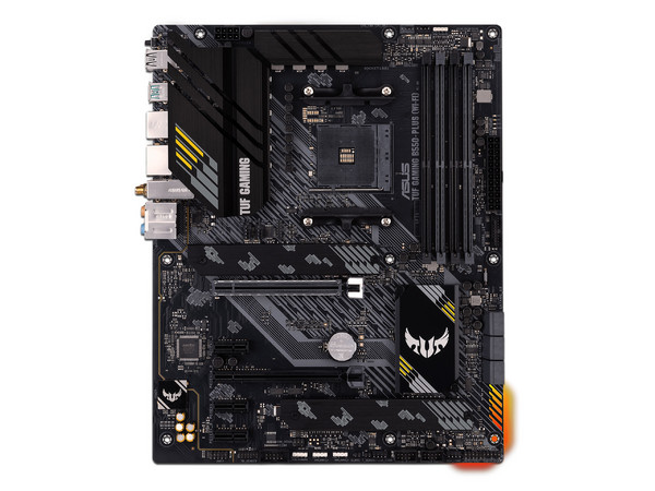 T. Madre Asus TUF GAMING B550-PLUS (Wi-Fi), 
Chipset AMD B550, Soporta: Procesador AMD Ryzen Series 5000,4000 G y 3000,
Memoria: DDR4 4600(OC)/3200/2133 MHz, 128GB Max, 
Integrado: Audio HD, Red, USB 3.2, SATA 3.0, M.2, ATX, Ptos: 2xPCIEx16, 3xPCIEx1.