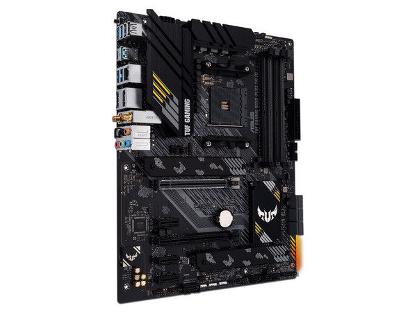 T. Madre Asus TUF GAMING B550-PLUS (Wi-Fi), 
Chipset AMD B550, Soporta: Procesador AMD Ryzen Series 5000,4000 G y 3000,
Memoria: DDR4 4600(OC)/3200/2133 MHz, 128GB Max, 
Integrado: Audio HD, Red, USB 3.2, SATA 3.0, M.2, ATX, Ptos: 2xPCIEx16, 3xPCIEx1.