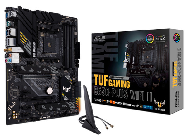 T. Madre ASUS TUF GAMING B550-PLUS WIFI II,
Chipset AMD B550,
Segmento: Medio,
Soporta: AMD Ryzen 5000/3000 Series,
Memoria: DDR4 4866(O.C.) / 3200 / 2133 MHz, 128GB Máx.,
Integrado: Audio HD, Red, USB 3.0, M.2,
ATX, Ptos: 2xPCIEx16, 3xPCIEx1.