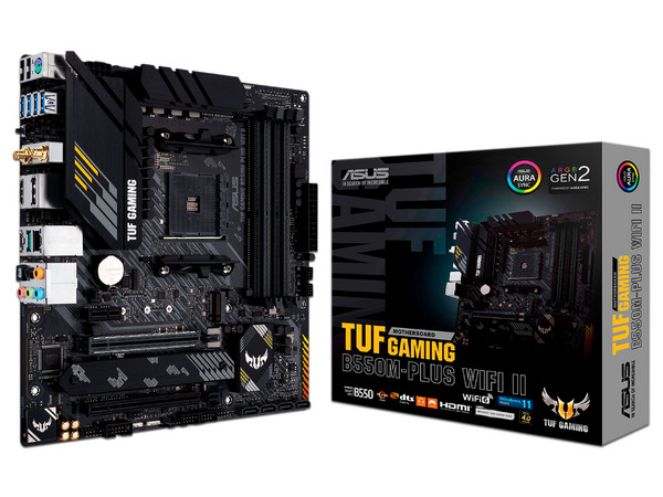 T. Madre Asus TUF Gaming B550M-PLUS (WI-FI II), 
Chipset AMD B550,
Segmento: Medio/Gamer,
AMD Ryzen 3ra a 5ta Gen, Socket AM4,
RAM: DDR4 4866(OC)/ 3600/ 2133 MHz, 128GB Max, 
Audio HD, WiFi, USB 3.2, SATA 3.0, M.2, 
Micro-ATX, 2xPCIEx16, 1xPCIEx1