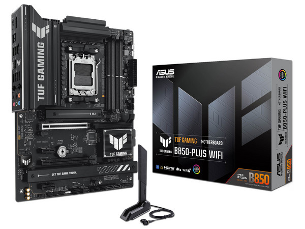 T. Madre ASUS TUF GAMING B850-PLUS WIFI:
Chipset AMD B850,
Segmento: Alto/Gamer,
Soporta: AMD Ryzen 9000, 8000 y 7000 Series, 
Memoria: DDR5 hasta 8000MHz, 198GB Máx, 
Integrado: Audio HD, Red, USB 3.0, M.2, 
ATX, Ptos: 1xPCIE5.0x16, 1xPCIE4.0x1.