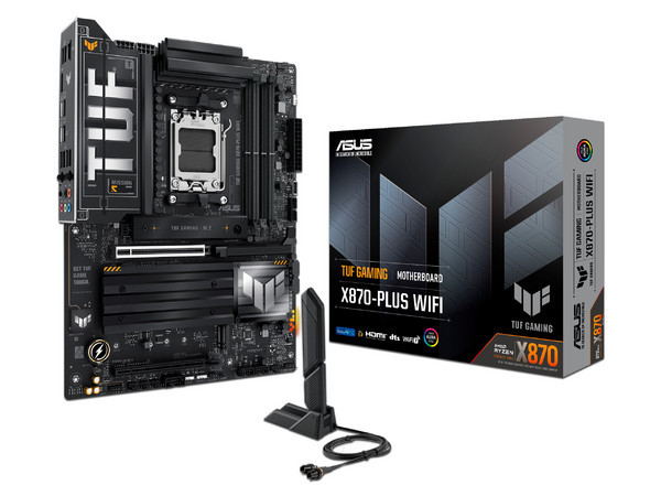T. Madre ASUS TUF GAMING X870-PLUS WIFI:
Chipset AMD X870, 
Segmento: Alto/Gamer,
Soporta: AMD Ryzen 7ma, 8va y 9na Generación, Socket AM5, 
RAM: DDR5 8000/6800/4800MHz, Max 192GB, 
AudioHD, Red, USB 3.2, SATA, M.2, 
ATX, 1xPCIE5.0x16, 1xPCIE4.0x16
