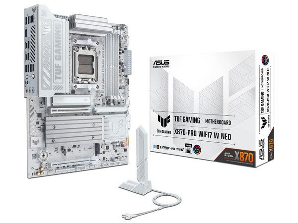 T. Madre ASUS TUF GAMING X870-PRO WIFI7 W NEO:
Chipset AMD X870, 
Segmento: Alto/Gamer,
Soporta: AMD Ryzen 7ma, 8va y 9na Gen, Socket AM5, 
RAM: DDR5 9600+MT/s, Max 256GB, 
AudioHD, Red, USB 3.2, SATA, M.2, 
ATX, 1xPCIE4.0x16. Color Blanco.