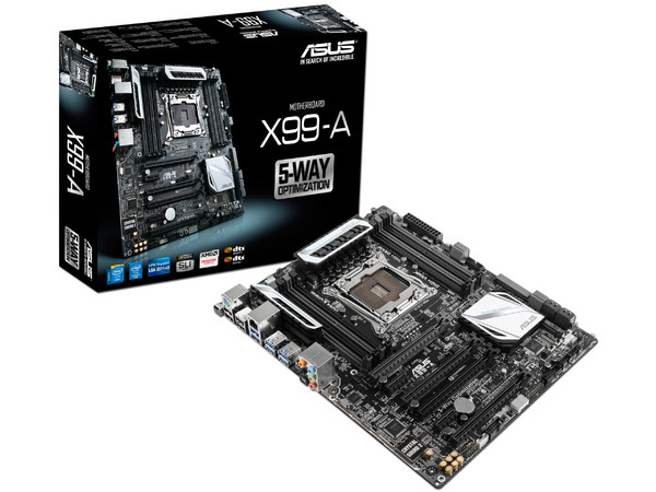T. Madre ASUS X99-A, ChipSet Intel X99,
Soporta: Intel Core i7 de Socket 2011-v3,
Memoria: DDR4 3200(O.C.)/3000(O.C.)/2133 MHz, 64GB Max,
SATA 3.0, USB 3.0,
Integrado: Audio HD, Red Gigabit,
ATX, Ptos: 3xPCIE 3.0 x16, 2xPCIEx1