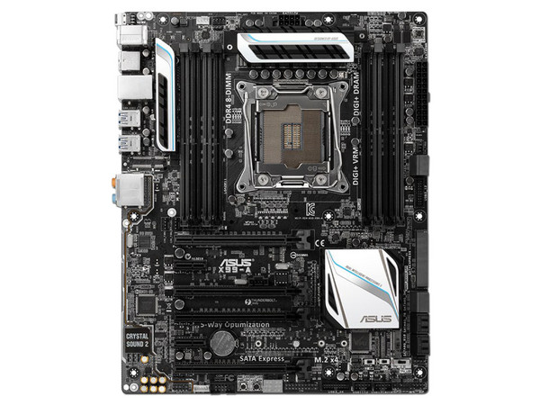 T. Madre ASUS X99-A, ChipSet Intel X99,
Soporta: Intel Core i7 de Socket 2011-v3,
Memoria: DDR4 3200(O.C.)/3000(O.C.)/2133 MHz, 64GB Max,
SATA 3.0, USB 3.0,
Integrado: Audio HD, Red Gigabit,
ATX, Ptos: 3xPCIE 3.0 x16, 2xPCIEx1