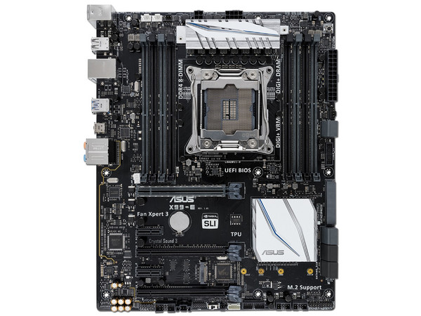 T. Madre Asus X99-E, Chipset Intel X99,
Soporta: Intel Core i7 / Xeon E5, Socket 2011-v3,
Memoria: DDR4 3200(O.C.) /2666(O.C.) /2133 MHz, 128GB Max,
Integrado: Audio HD, Red,
USB 3.0 y SATA 3.0,
ATX, Ptos: 2xPCIE2.0x1, 3xPCIE3.0x16.