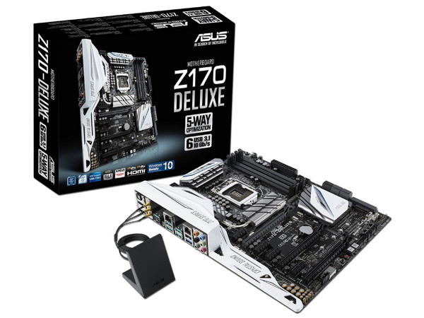 T. Madre ASUS  Z170-DELUXE, Chipset Intel Z170,
Soporta: Core i7 / i5 de 6ta Gen., Socket 1151,
Memoria: DDR4 3733(O.C.)/ 2400(O.C.)/2133 MHz, 64GB Max,
Integrado: Audio HD, Red,
USB 3.1 y SATA 3.0,
ATX, Ptos: 3xPCIEx16, 4xPCIex1
