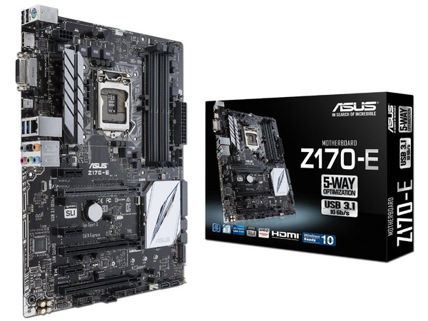 T. Madre ASUS Z170-E, Chipset Intel Z170,
Soporta: Core i7/i5/i3/Celeron/Pentium de 6ta Gen., Socket 1151,
Memoria: DDR4 3400(O.C.)/ 2400(O.C.)/2133 MHz, 64GB Max,
Integrado: Audio HD, Red,
USB 3.1 y SATA 3.0,
ATX, Ptos: 3xPCIE3.0x16, 1xPCIE3.0x1