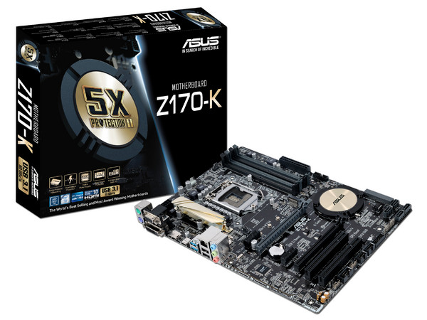 T. Madre ASUS  Z170-K, Chipset Intel Z170,
Soporta: Core i7 / i5 de 6ta Gen., Socket 1151,
Memoria: DDR4 3466(O.C.)/ 2400(O.C.)/2133 MHz, 64GB Max,
Integrado: Audio HD, Red,
USB 3.1 y SATA 3.0,
ATX, Ptos: 3xPCIEx16, 4xPCIex1