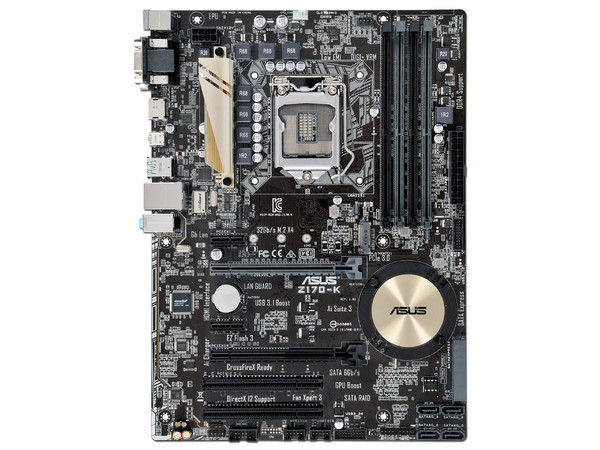 T. Madre ASUS  Z170-K, Chipset Intel Z170,
Soporta: Core i7 / i5 de 6ta Gen., Socket 1151,
Memoria: DDR4 3466(O.C.)/ 2400(O.C.)/2133 MHz, 64GB Max,
Integrado: Audio HD, Red,
USB 3.1 y SATA 3.0,
ATX, Ptos: 3xPCIEx16, 4xPCIex1