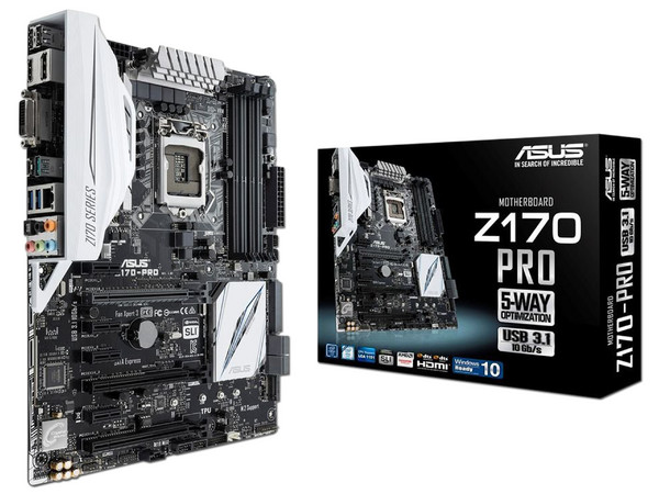 T. Madre Asus Z170-PRO, ChipSet Intel Z170, 
Soporta: Intel Core i7/Core i5/Core i3/Pentium/Celeron de Socket 1151,
Memoria: DDR4 3866(O.C.)/3400(O.C.)/ 2133(O.C.)MHz, 64GB Max,
Integrado: Audio HD, Red, 
ATX, Ptos: 4xPCIE2.0x1, 3xPCIE3.0x16.