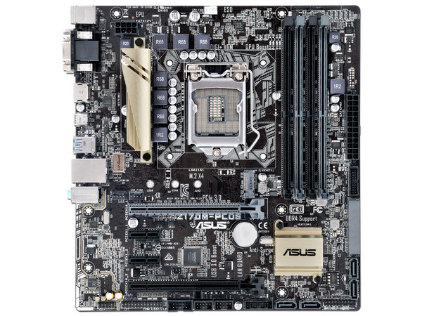 T. Madre ASUS Z170M-PLUS, Chipset Intel Z170,
Soporta: Core i7 / i5  de 6ta Gen. Socket 1151,
Memoria:  DDR4 3466(O.C.)/ 2400(O.C.)/2133 MHz, 64GB Max,
Integrado: Audio HD, Red,
USB tipo C y SATA 3.0,
Micro-ATX, Ptos: 2xPCIE 3.0 x16, 2xPCIE 3.0 x1