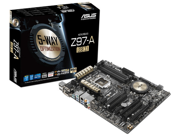 T. Madre ASUS Z97-A/USB 3.1, Chipset Intel Z97 Exp.,
Soporta: Core i7/i5/i3 de Socket 1150,
Memoria: DDR3 3200(O.C.)/1600/1333/1066 MHz, 32GB Max,
Integrado: Audio HD, Red,
USB 3.1, 3.0 y SATA 3.0,
ATX, Ptos: 3xPCIE 3.0 x16, 2xPCIEx1, 2xPCI.