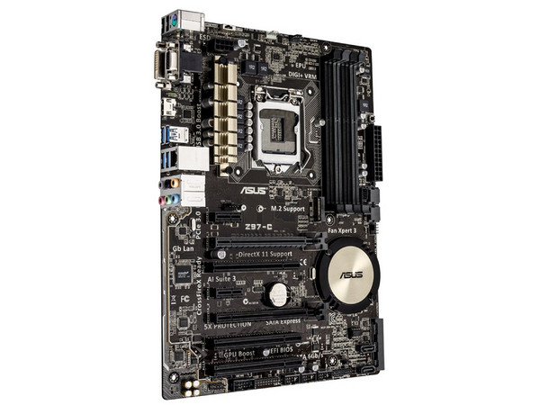 T. Madre Asus Z97-C, ChipSet Intel Z97,
Soporta: Core i7/i5/i3 de Socket 1150,
Memoria: DDR3 3200(O.C.)/1600/1333MHz, 32GB Max,
Integrado: Audio HD, Red,
USB 3.0 y SATA 3.0,
ATX, Ptos: 2xPCIEx16, 2xPCIEx1, 3xPCI