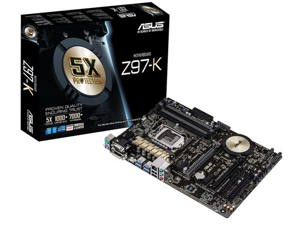 T. Madre ASUS Z97-K/CSM, ChipSet Intel Z97,
Soporta: Core i7/i5/i3 de Socket 1150,
Memoria: DDR3 3200(O.C.)/1600/1333MHz, 32GB Max,
Integrado: Audio HD, Red,
USB 3.0 y SATA 3.0,
ATX, Ptos: 2xPCIEx16,2xPCIEx1,2xPCI